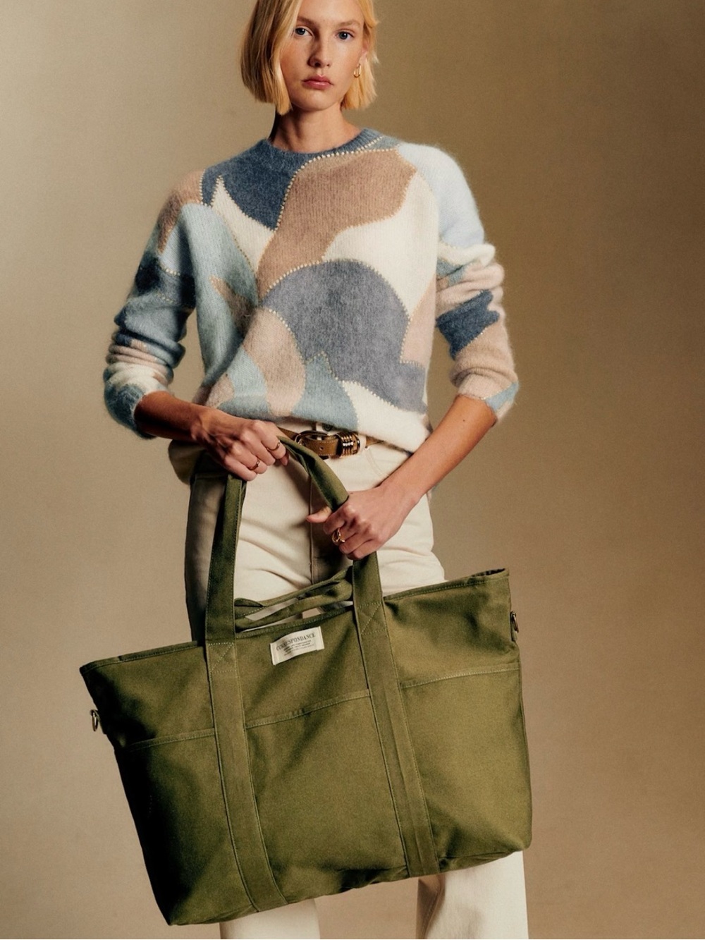NWT Sézane Correspondance Green Canvas Tote Bag